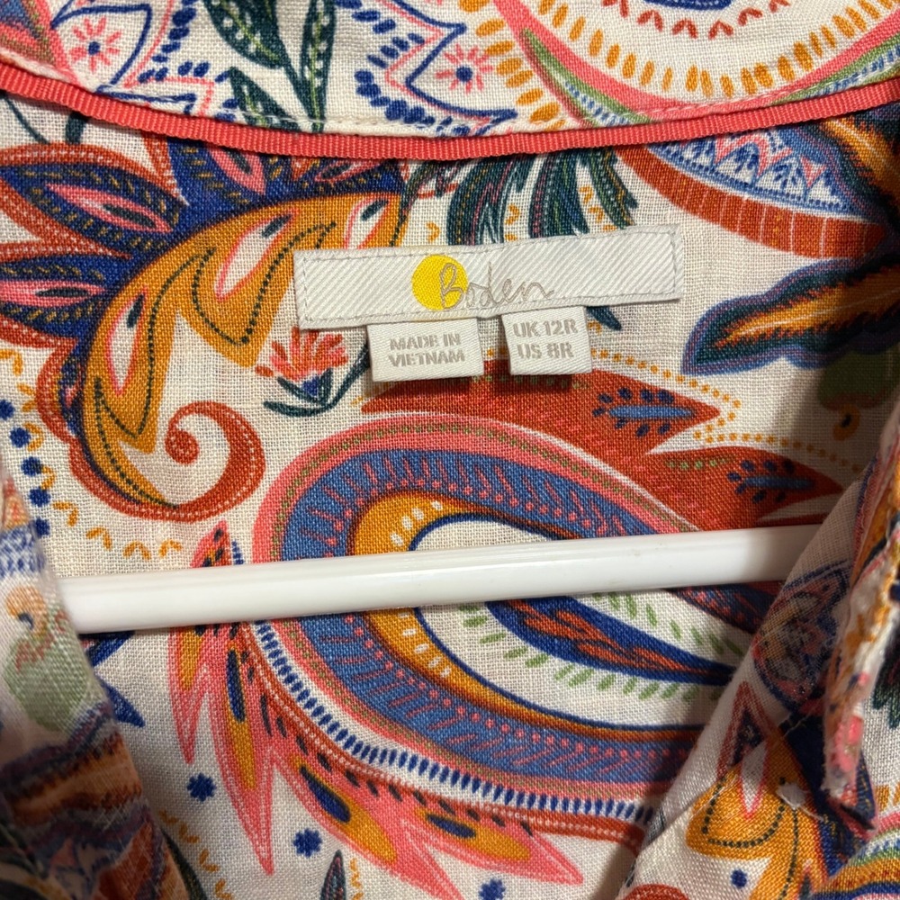 Boden Linen Button Down Shirt 8 White Orange Paisley Pineapple Tropical Sienna - Picture 5 of 6
